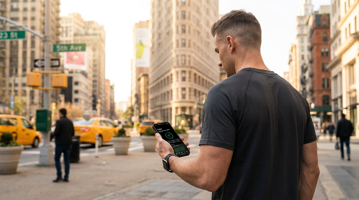 Runner checking readiness in the city