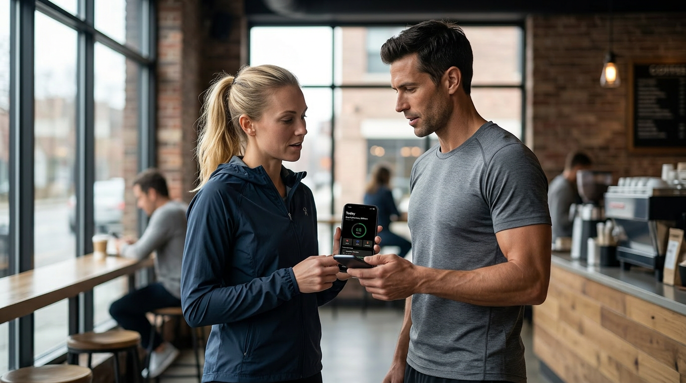 Two runners reviewing the app together
